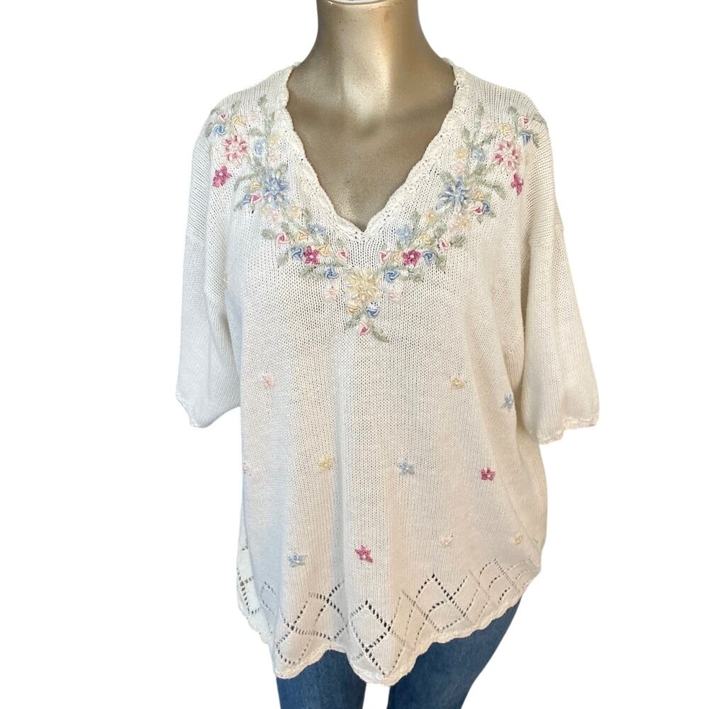 Vintage Sellecca Floral Embroidered Beaded Short Sleeve Sweater - Size L